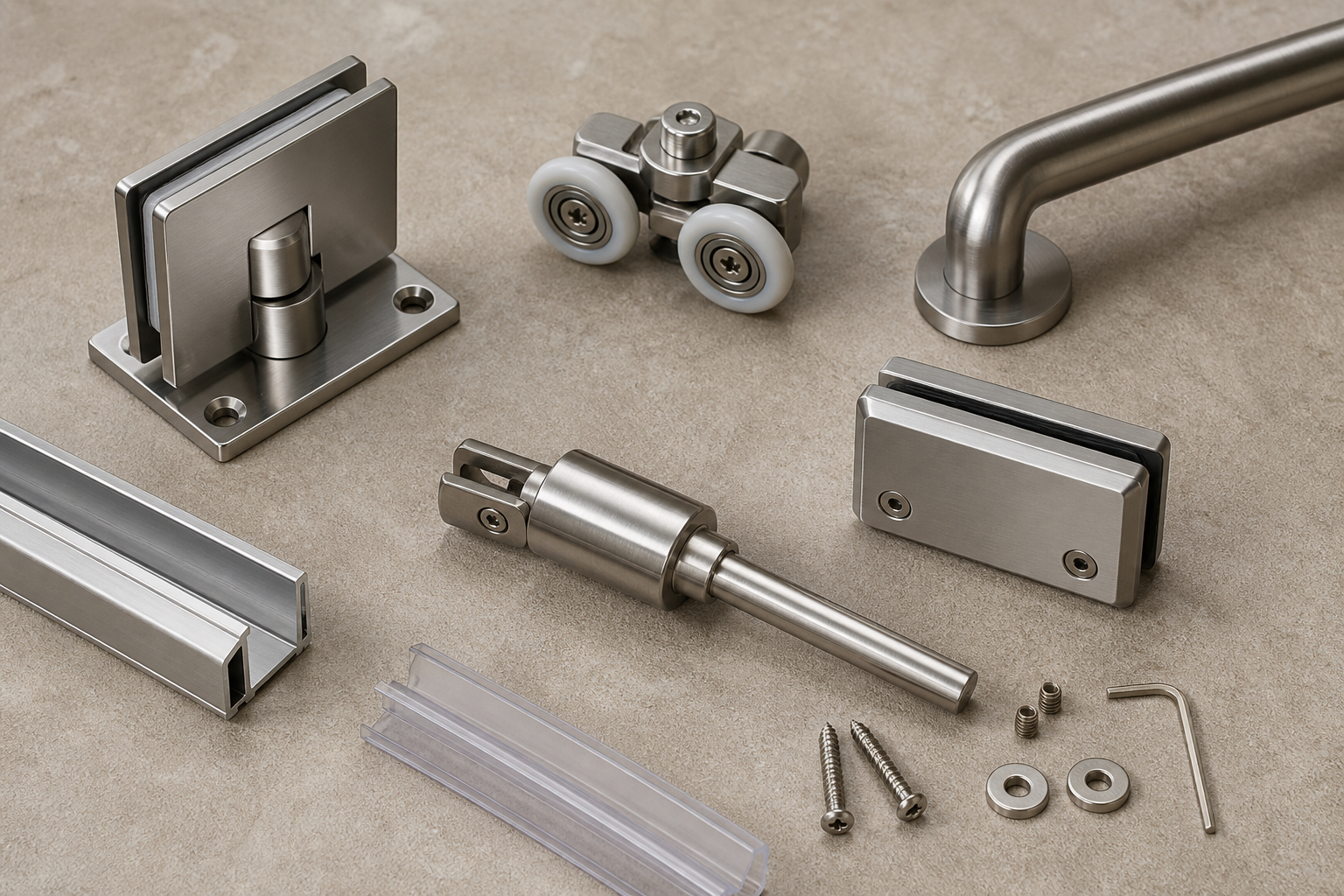 Tempered shower glass and metal hardware in a clean inspection workshop