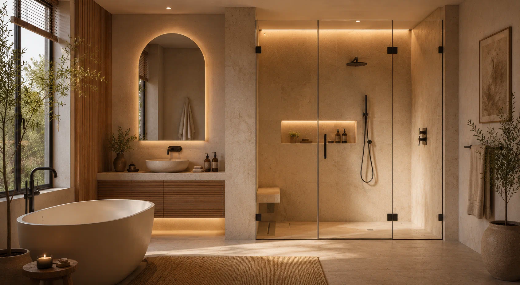 Warm contemporary bathroom with a complete frameless glass shower enclosure