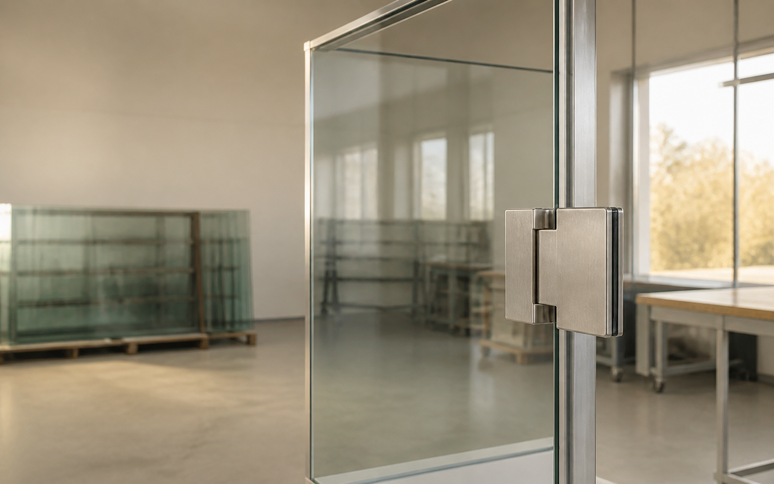 Tempered shower glass and metal hardware in a clean inspection workshop