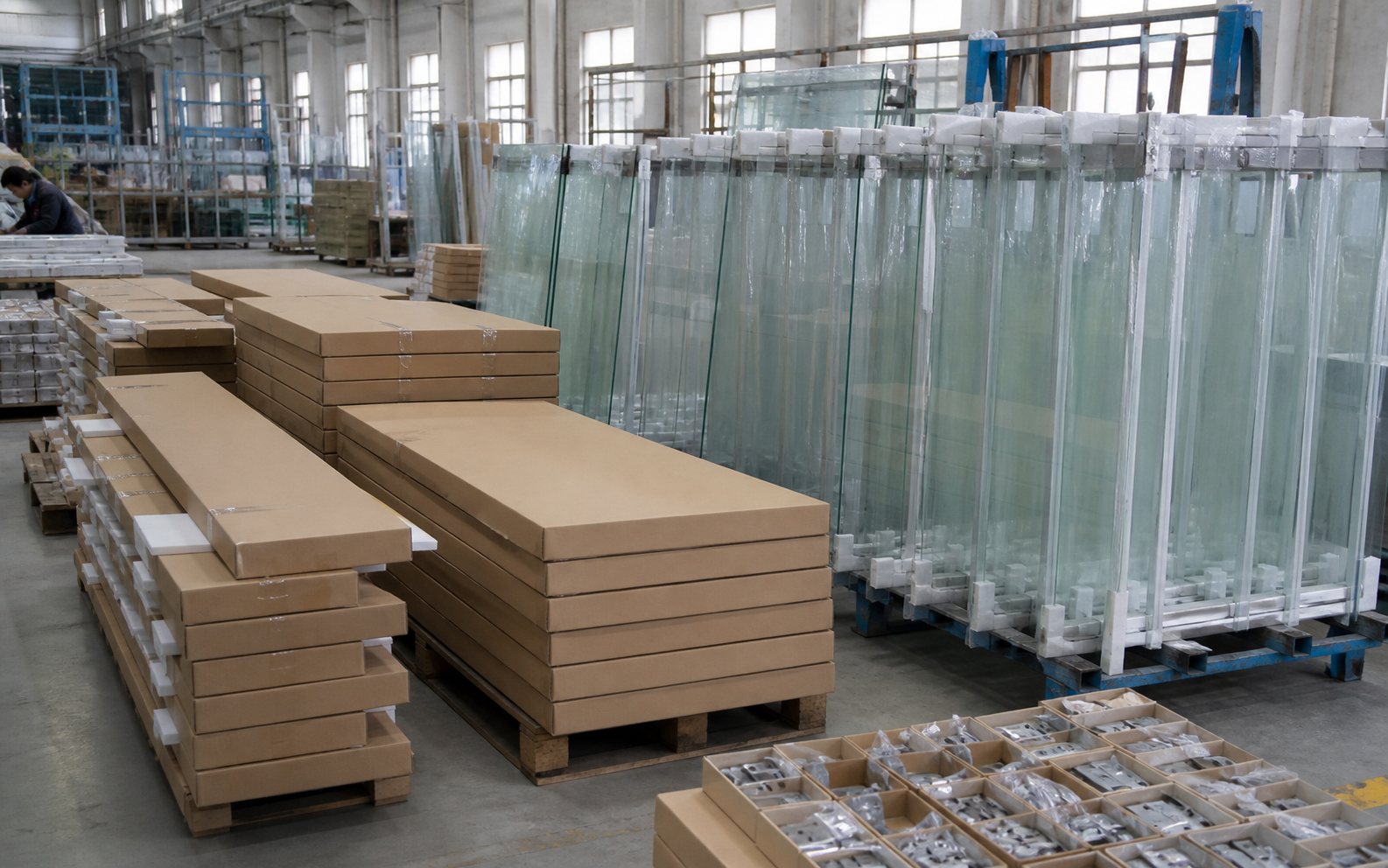 Tempered shower glass and metal hardware in a clean inspection workshop
